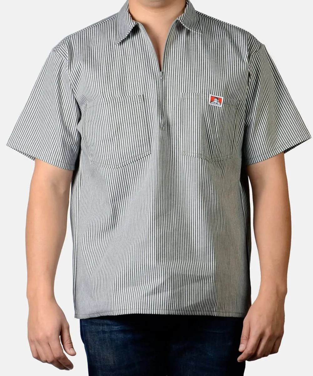 Ben Davis Short Sleeve Half-Zip Work Shirt - Green Stripe