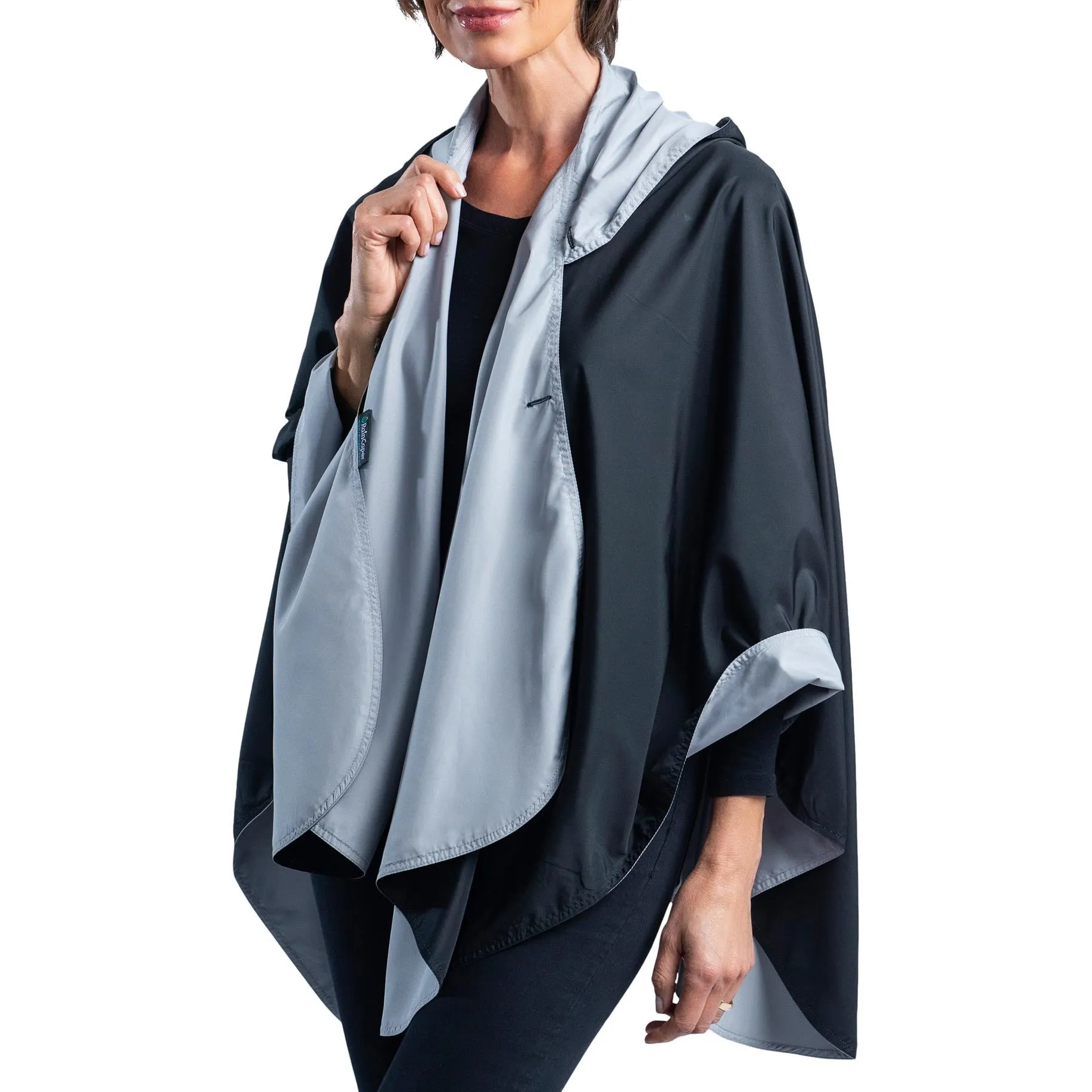 Black & Pewter Grey Womens Rain Cape - Rainproof Breathable Rain Poncho