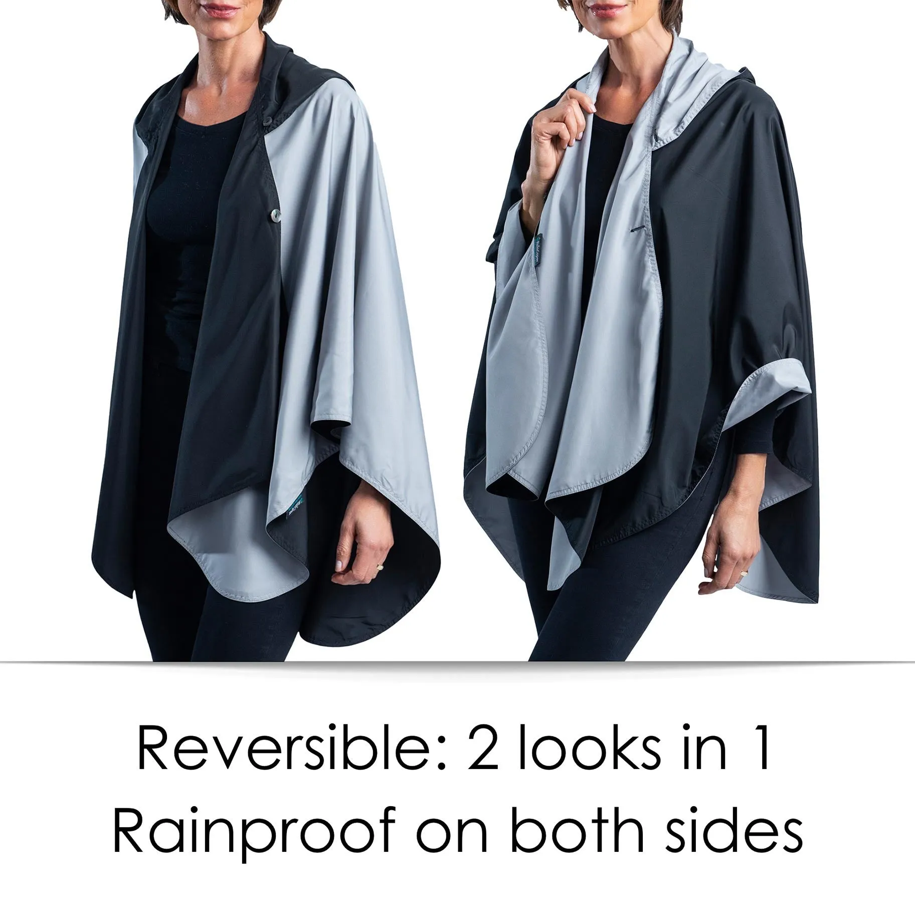 Black & Pewter Grey Womens Rain Cape - Rainproof Breathable Rain Poncho