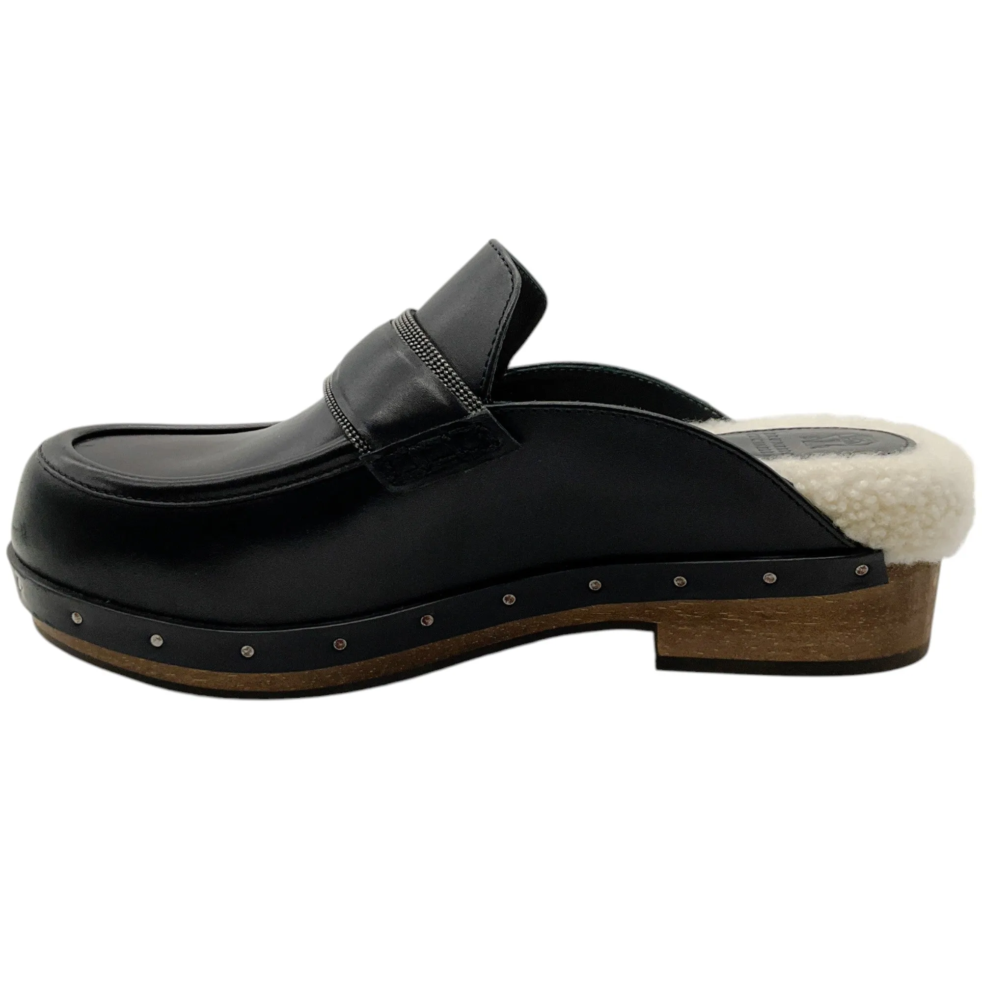 Brunello Cucinelli Black Leather Clogs with Shearling and Monili