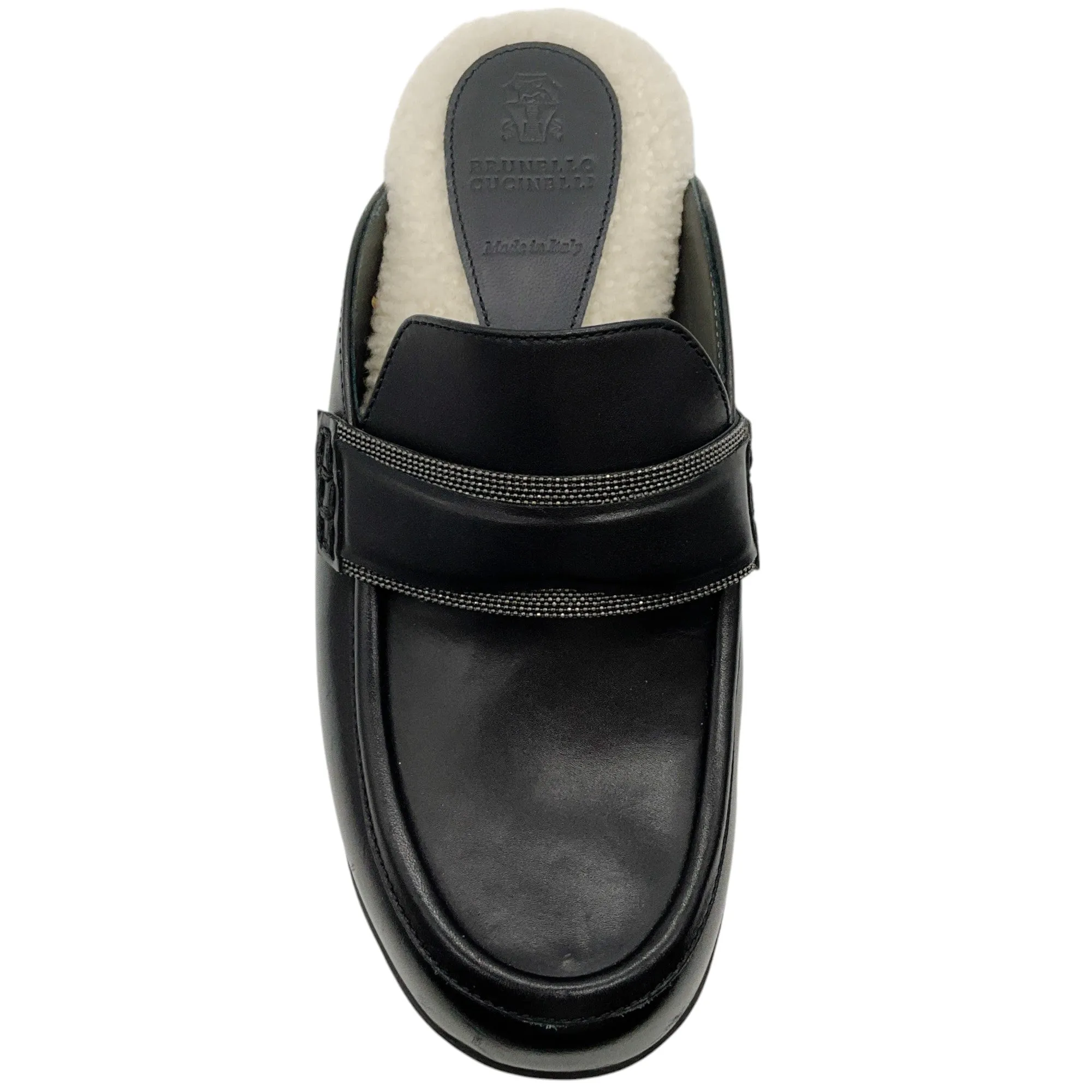 Brunello Cucinelli Black Leather Clogs with Shearling and Monili