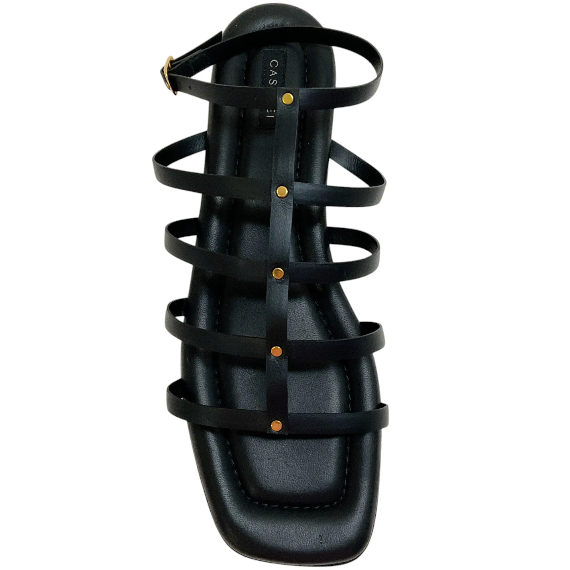 Casadei Black Leather Flat Gladiator Sandals with Crystal Heel