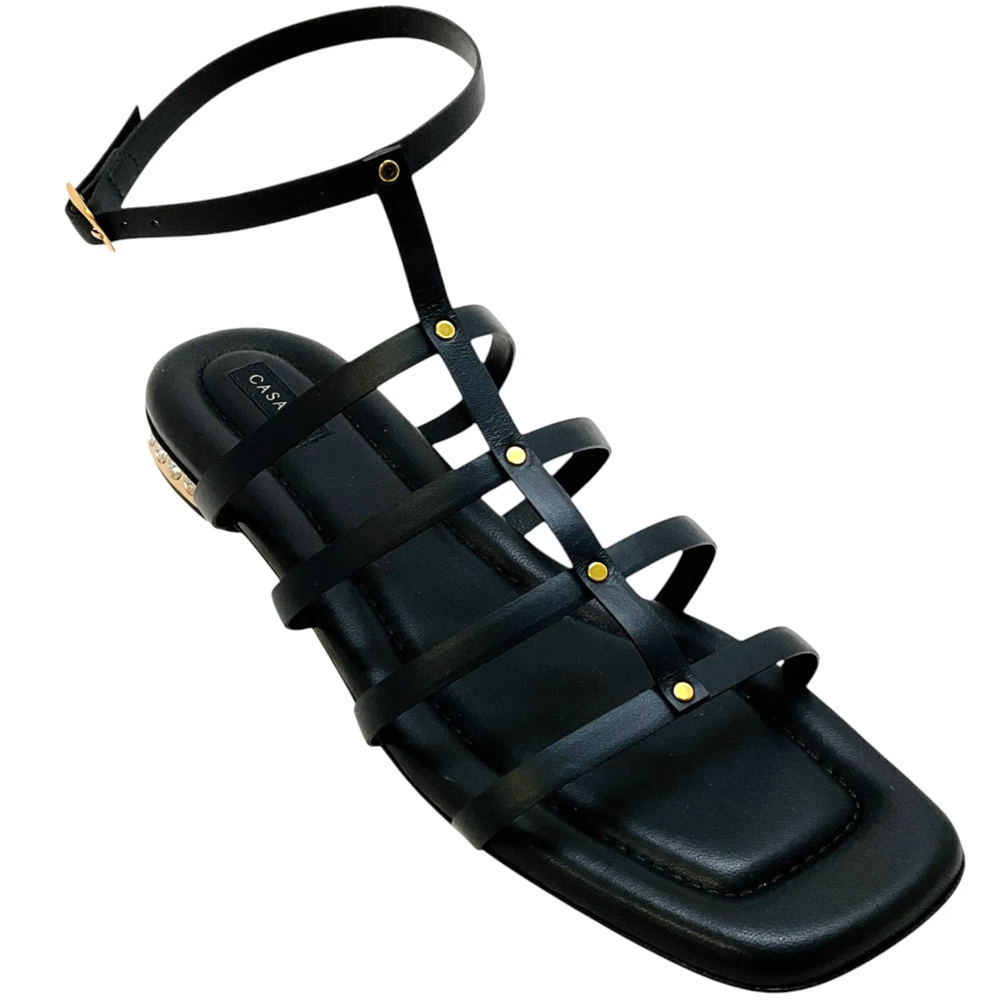 Casadei Black Leather Flat Gladiator Sandals with Crystal Heel