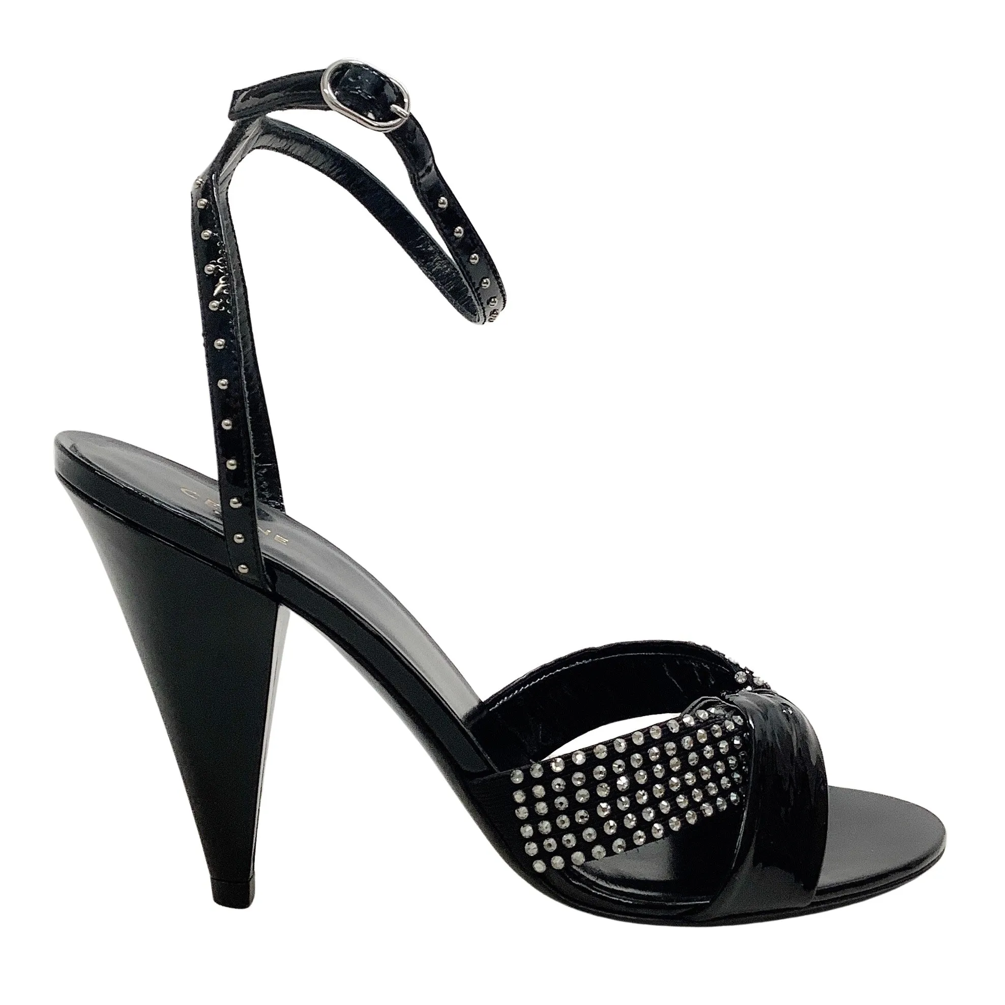 Celine Black Patent Edwige Sandals with Crystal Embellishments