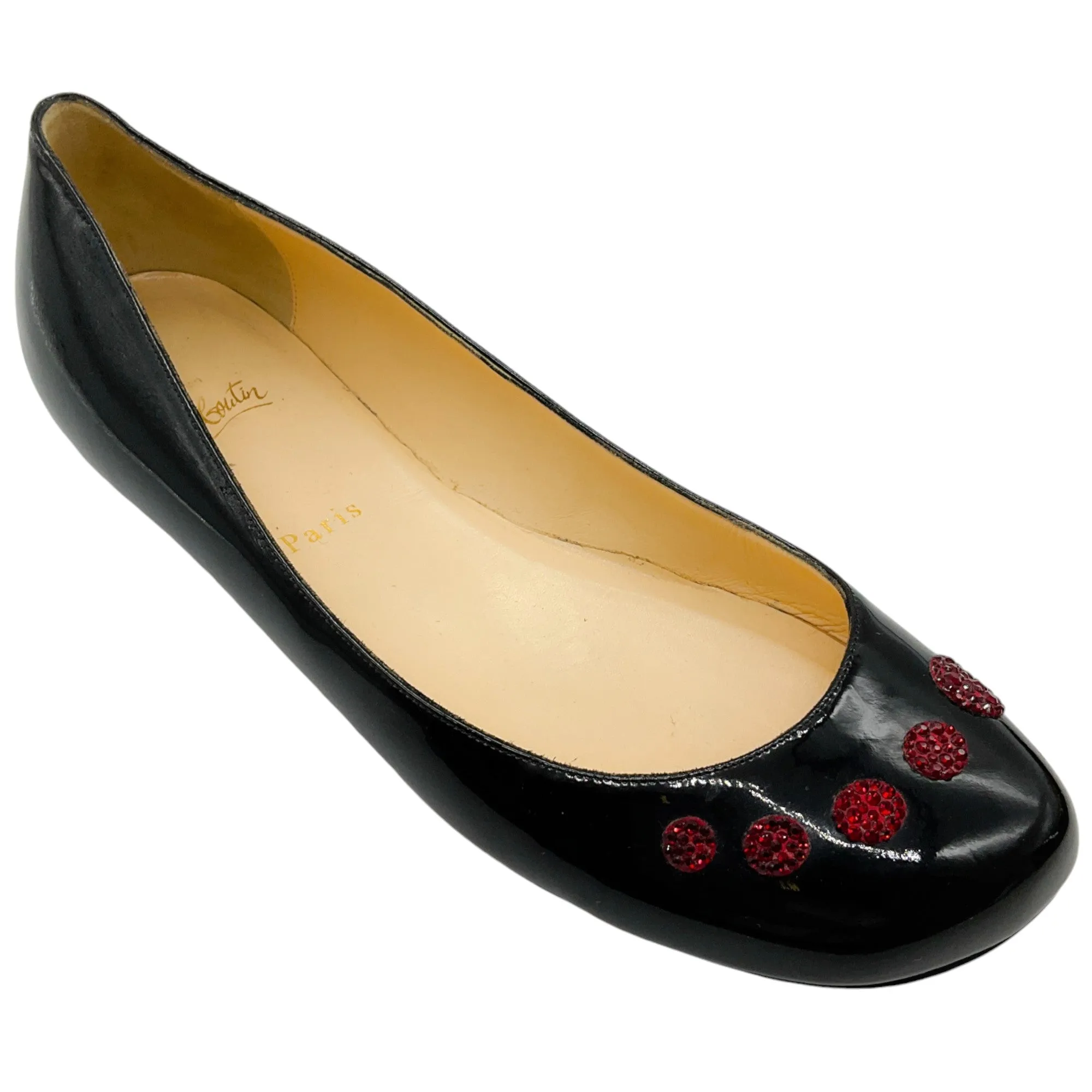 Christian Louboutin Black Patent Flats with Red Strass