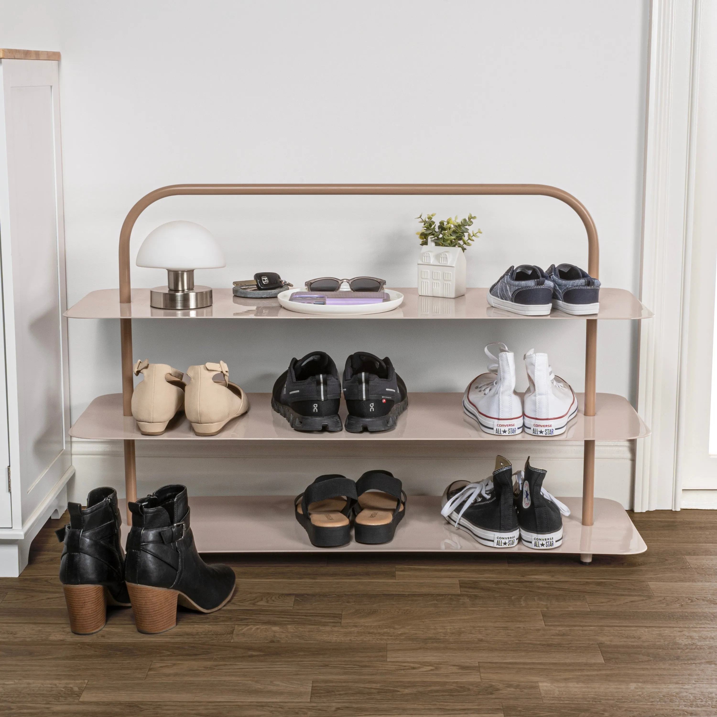 Coffe Minimalist 24.5" 9-Pair 3-Tier Iron Thin Flat Plate Shoe Rack