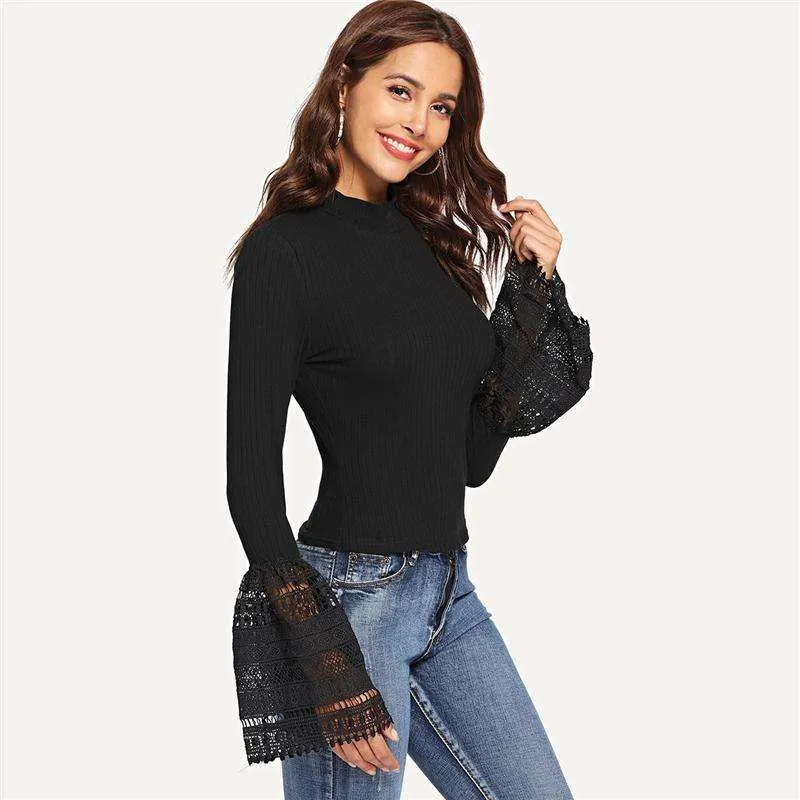 Elegant Lace Bell Sleeve Slim Blouse