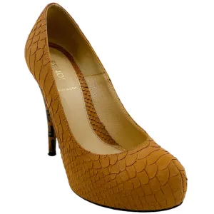 Fendi Tan Snake Pumps with Logo Heel