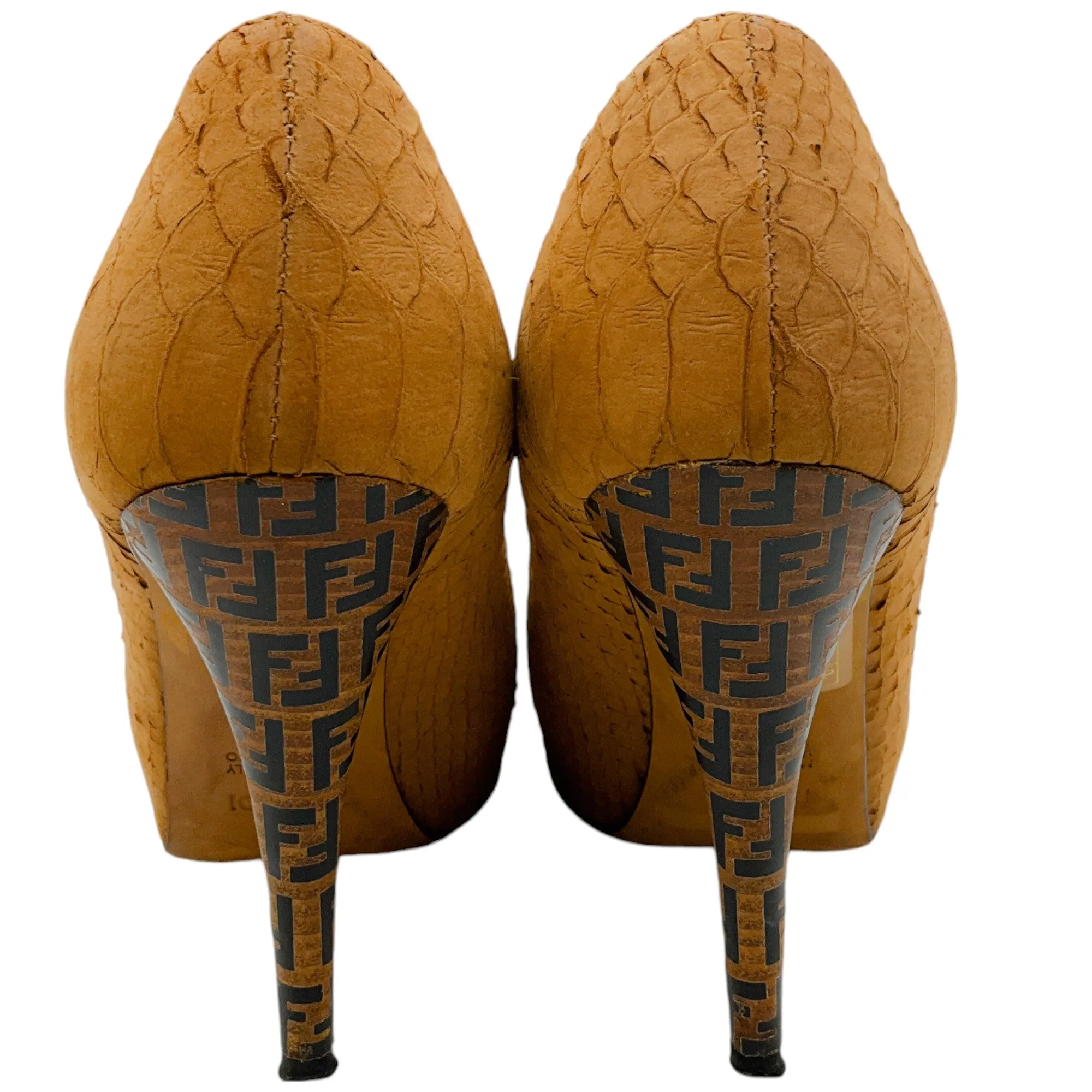 Fendi Tan Snake Pumps with Logo Heel