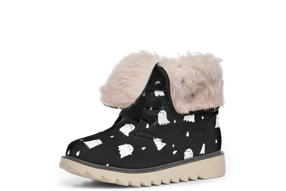 Ghost Party Fold Over Winter Boots - Microsuede Vegan Boots with Fur Lining and Convertible Style