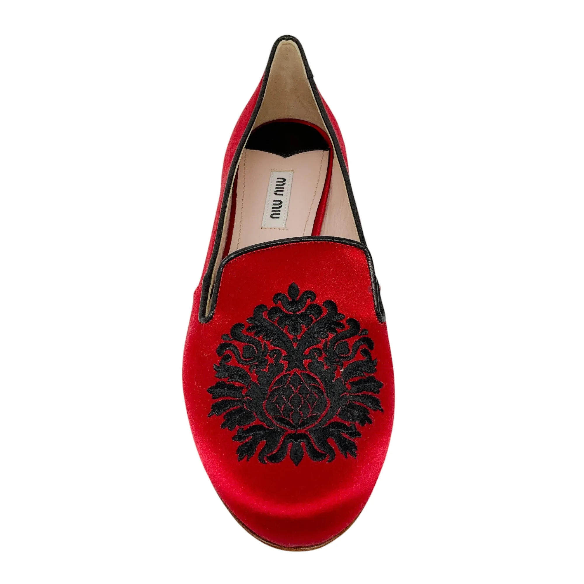 Miu Miu Red / Black Embroidered Crystal Embellished Satin Loafers