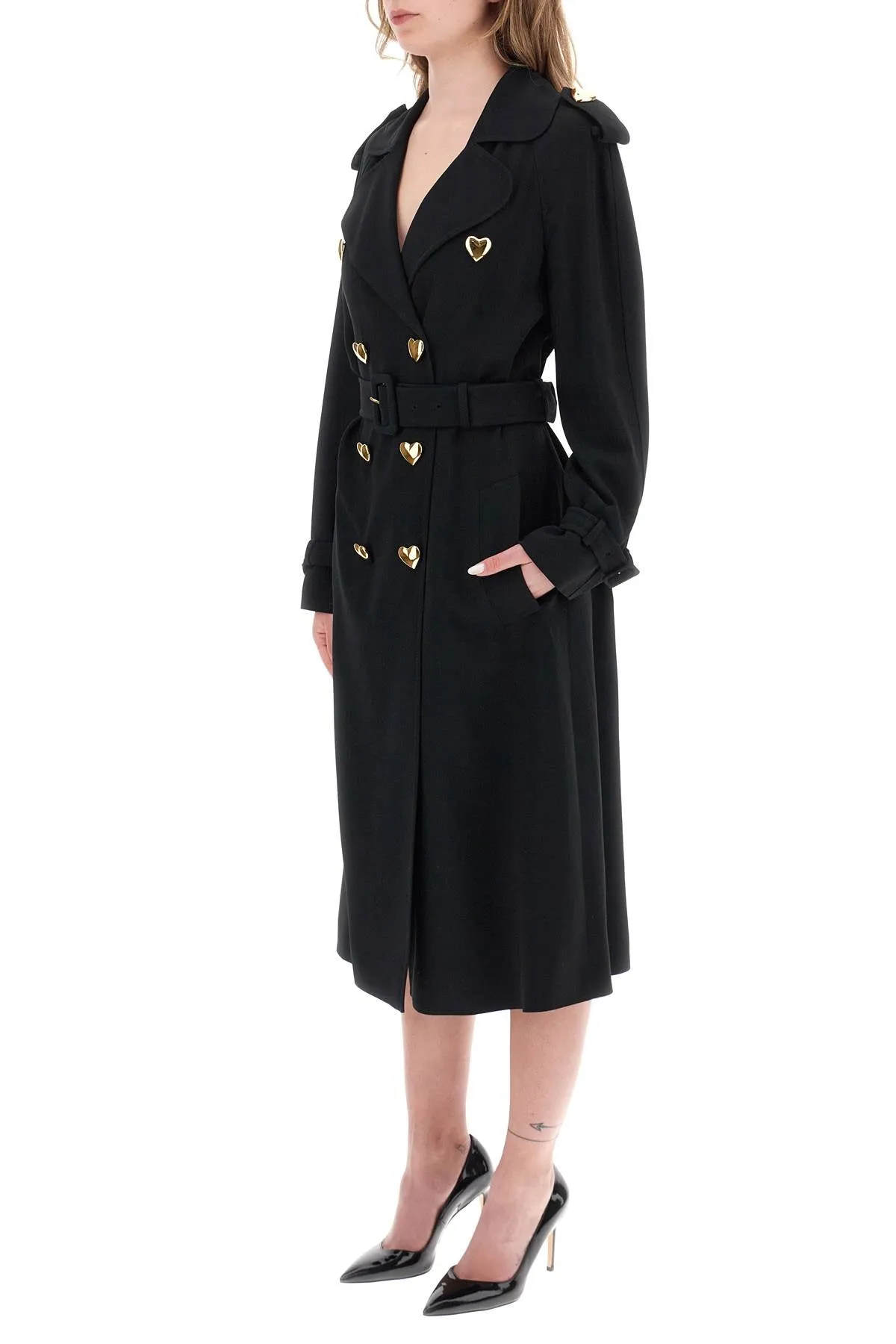 Moschino double-breasted trench with heart-shaped buttons