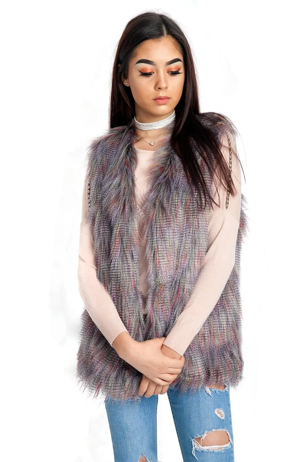 Multi-Colour Faux Long Fur Gilet