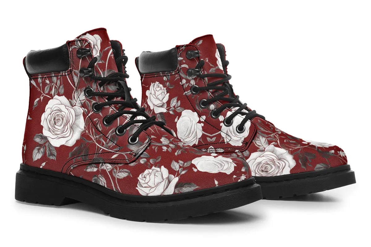 Red Rose Romance Classic Boots - High Quality Micro-Suede Weatherproof Vegan Shoes with Stitched on Soles