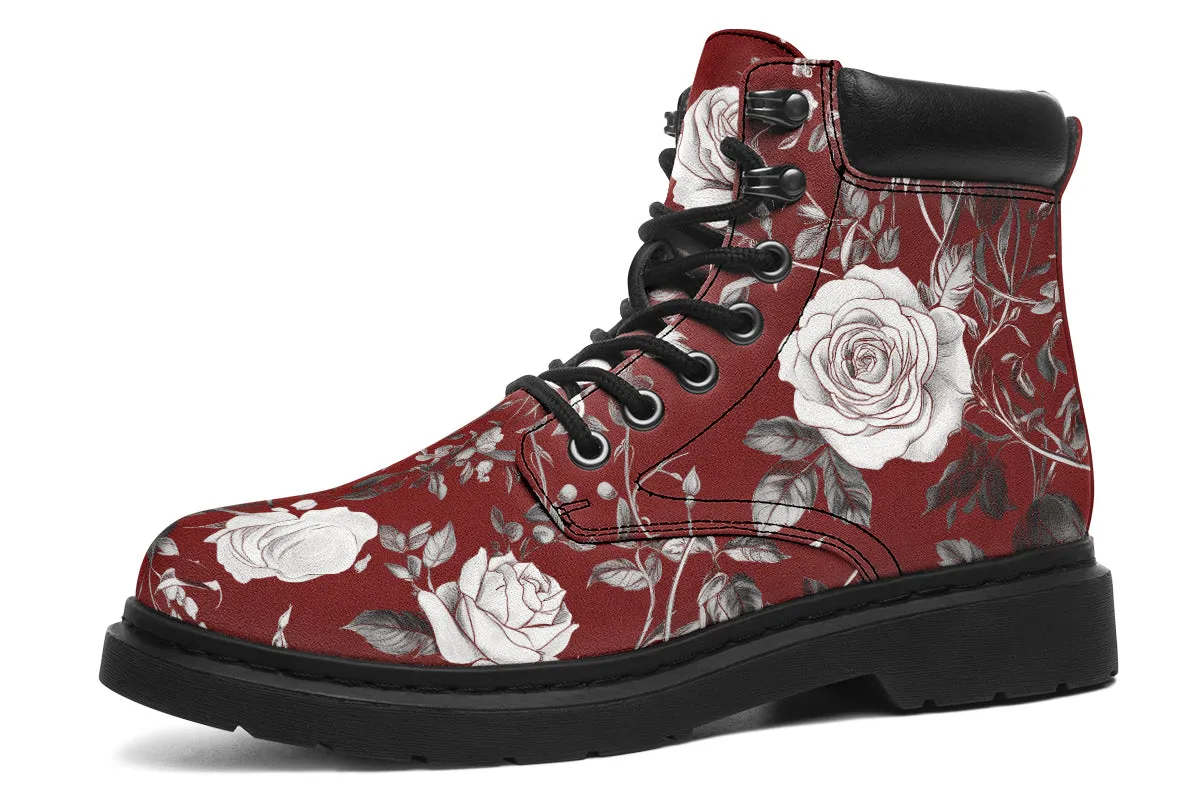 Red Rose Romance Classic Boots - High Quality Micro-Suede Weatherproof Vegan Shoes with Stitched on Soles