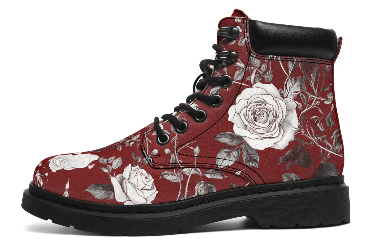 Red Rose Romance Classic Boots - High Quality Micro-Suede Weatherproof Vegan Shoes with Stitched on Soles