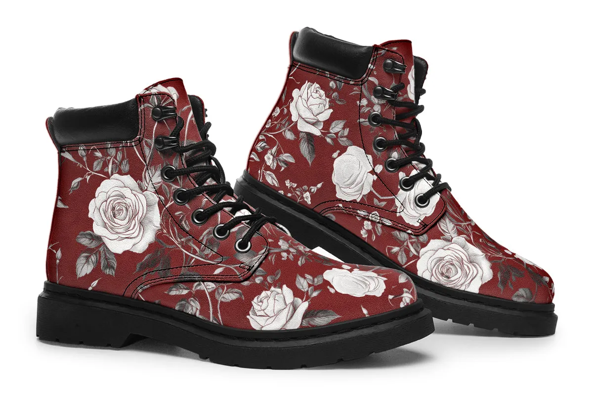 Red Rose Romance Classic Boots - High Quality Micro-Suede Weatherproof Vegan Shoes with Stitched on Soles