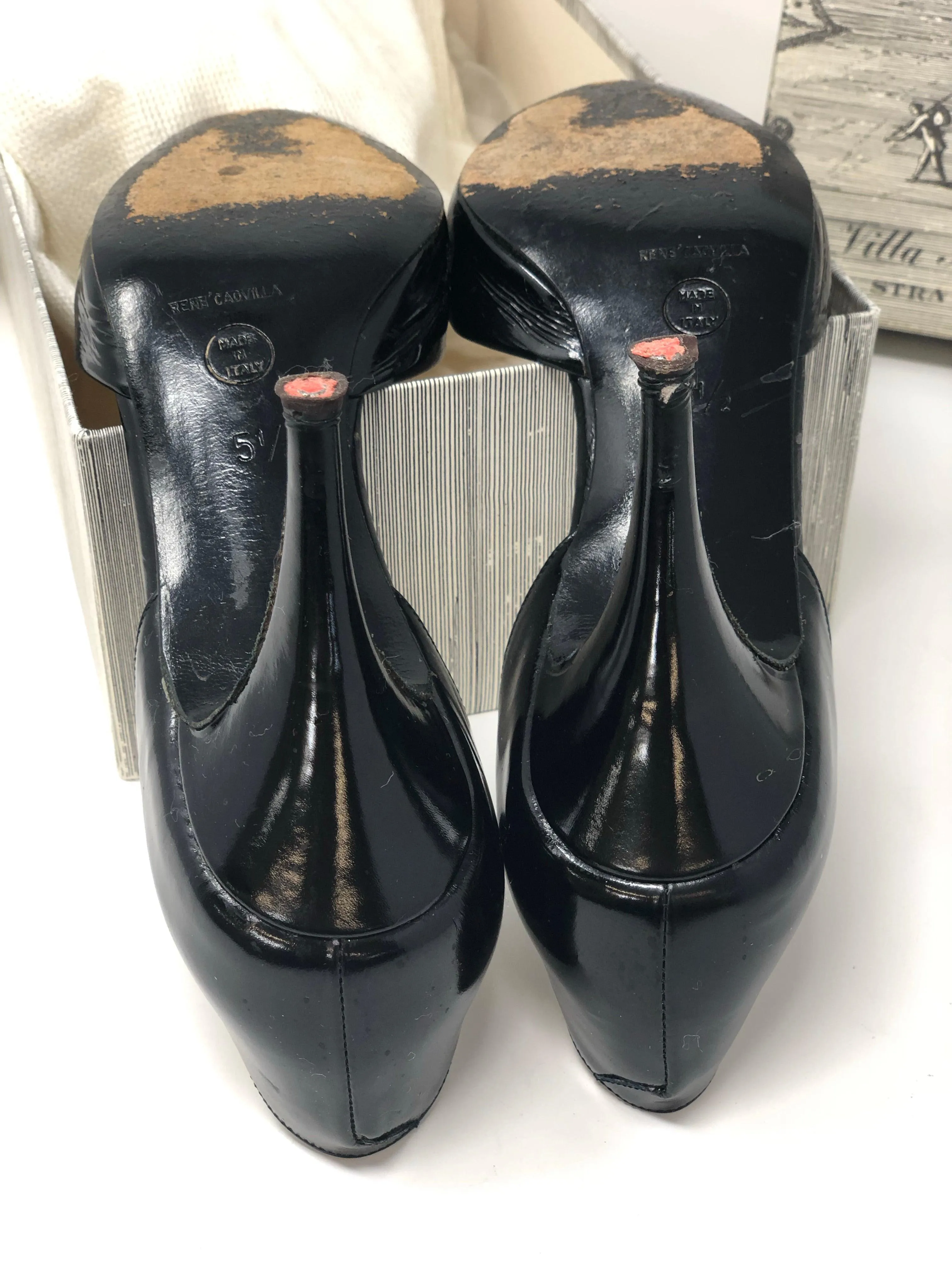 Rene Caovilla Black Patent Leather Heels with Gold Diamante Detail Size 5.5 (UK3.5)