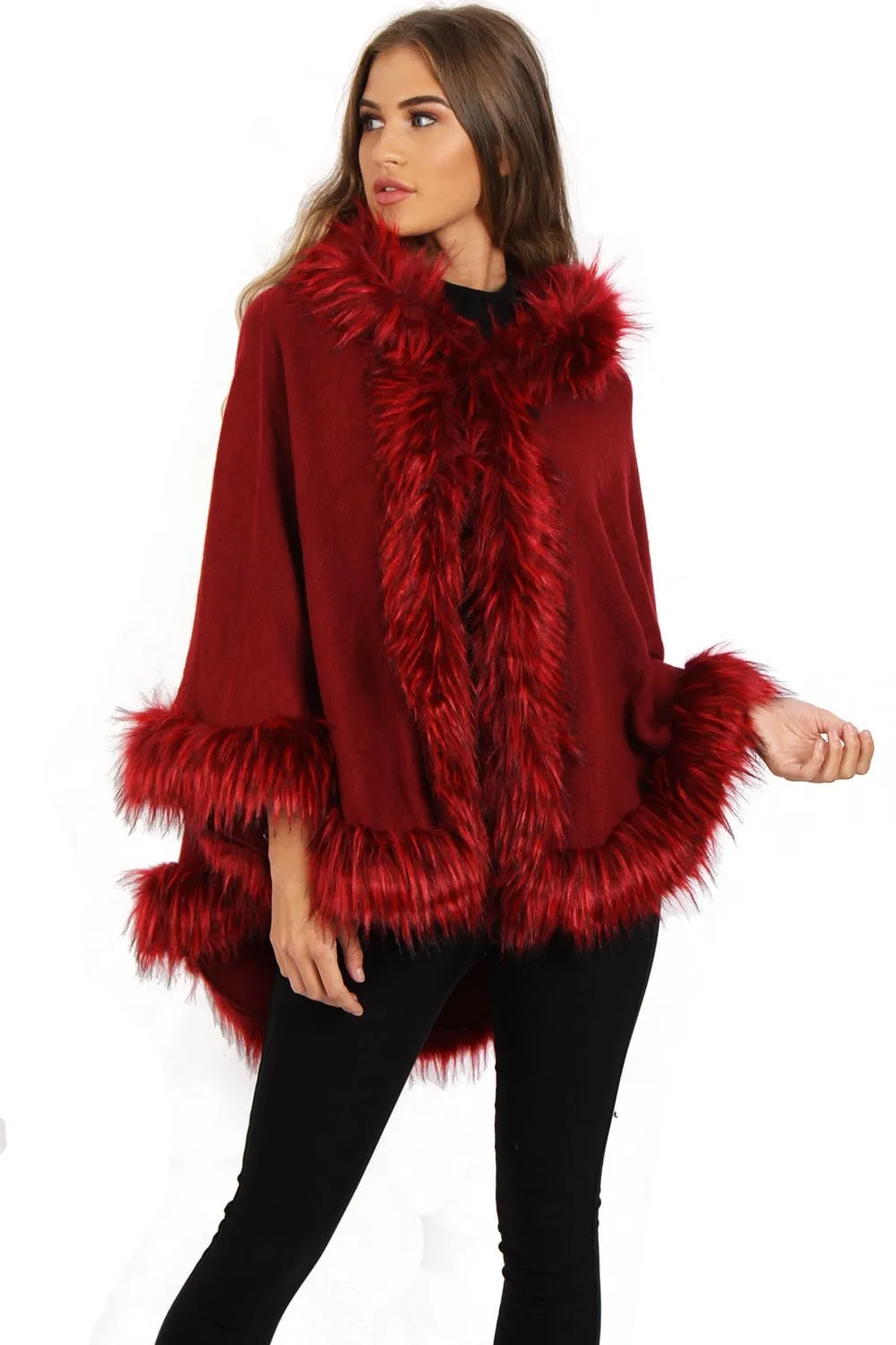 Short Poncho Cape with Faux Fur Hood Cuffs and Trim