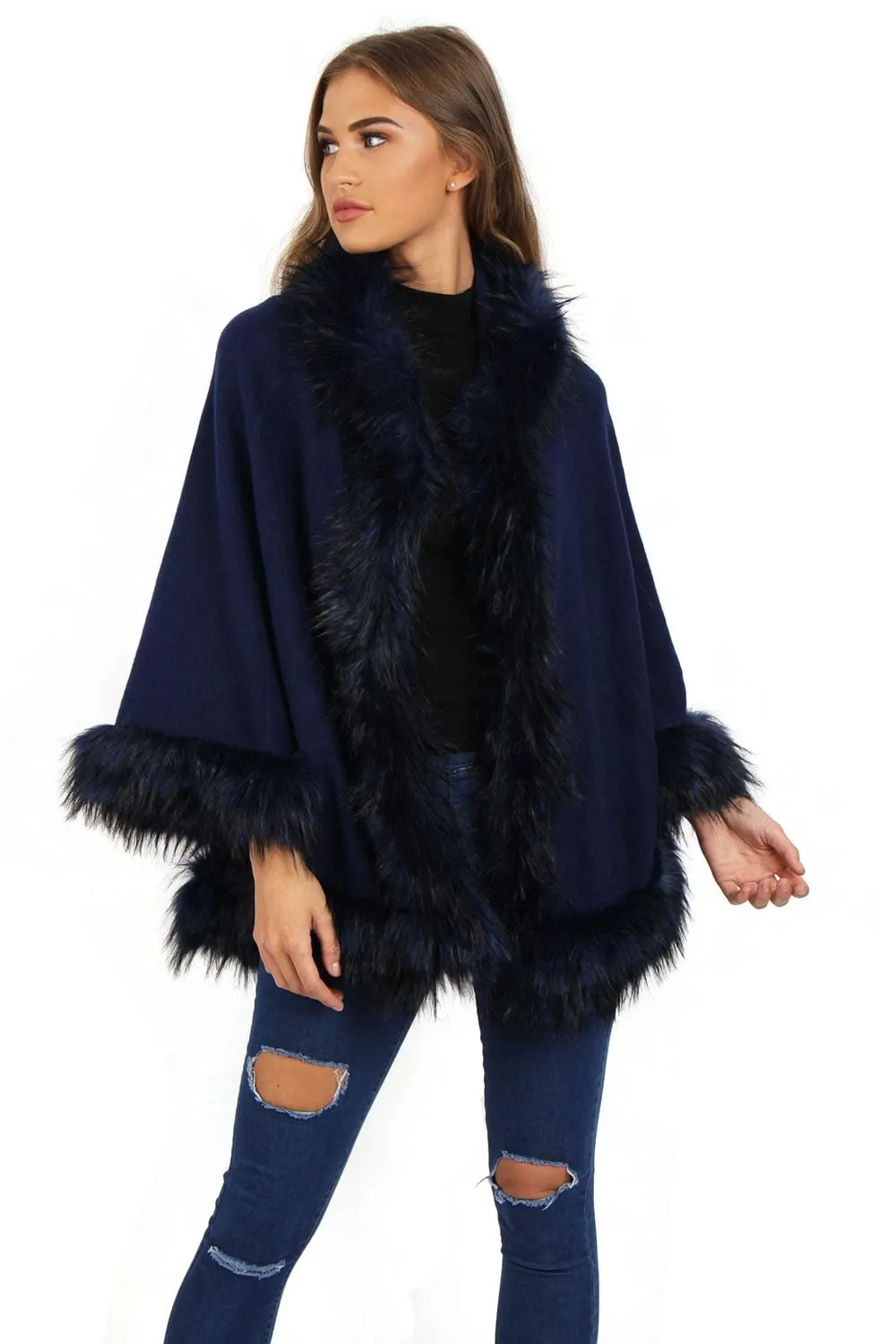 Short Poncho Cape with Faux Fur Hood Cuffs and Trim