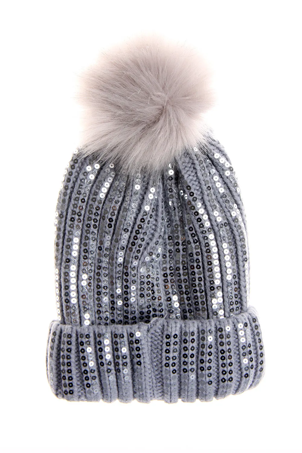 Sparkly Sequins FAUX Fur Bobble Pom Pom Beanie Hat