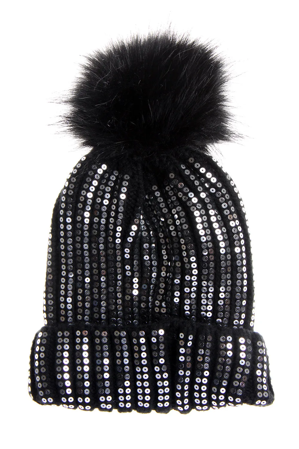 Sparkly Sequins FAUX Fur Bobble Pom Pom Beanie Hat