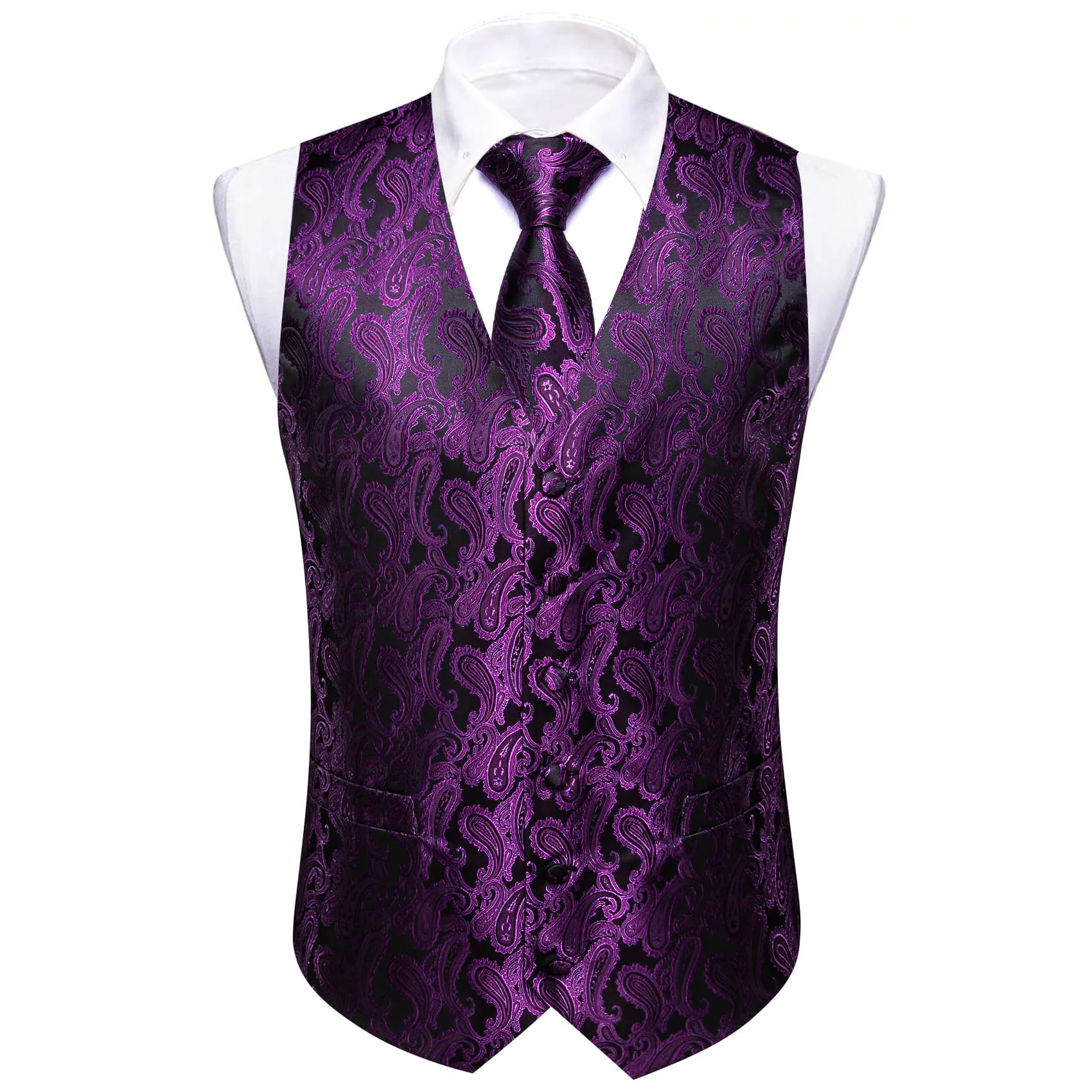 Ties2you Mens Vest Top Violet Purple Paisley Silk Dress Vest Tie Pocket Square Cufflinks Set