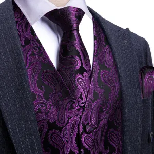 Ties2you Mens Vest Top Violet Purple Paisley Silk Dress Vest Tie Pocket Square Cufflinks Set