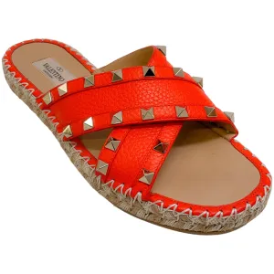 Valentino Orange Leather Rockstud Slide Sandals