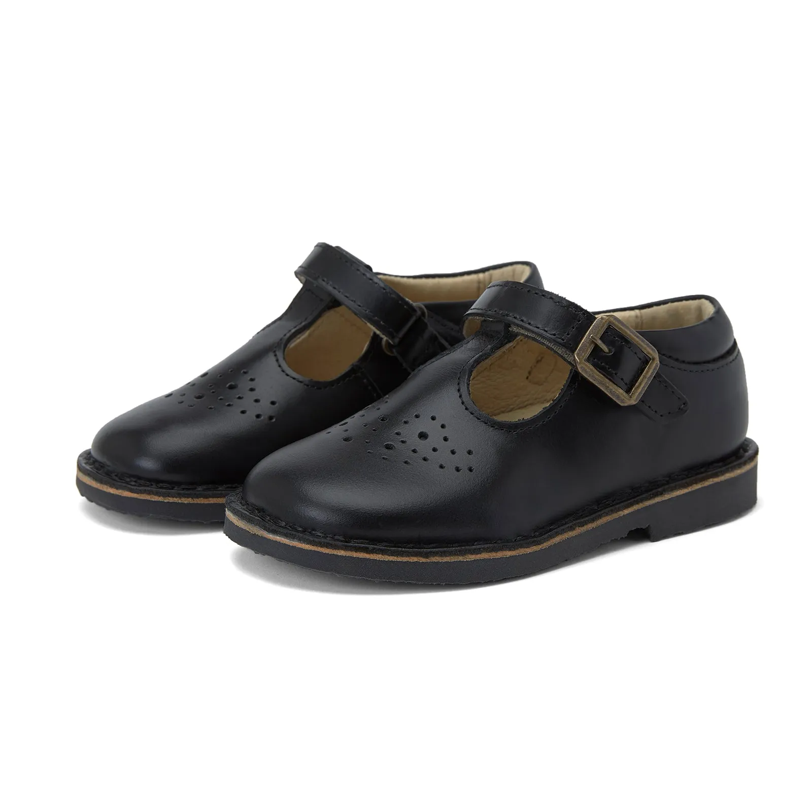 Young Soles Penny T-Bar Black Leather Shoes