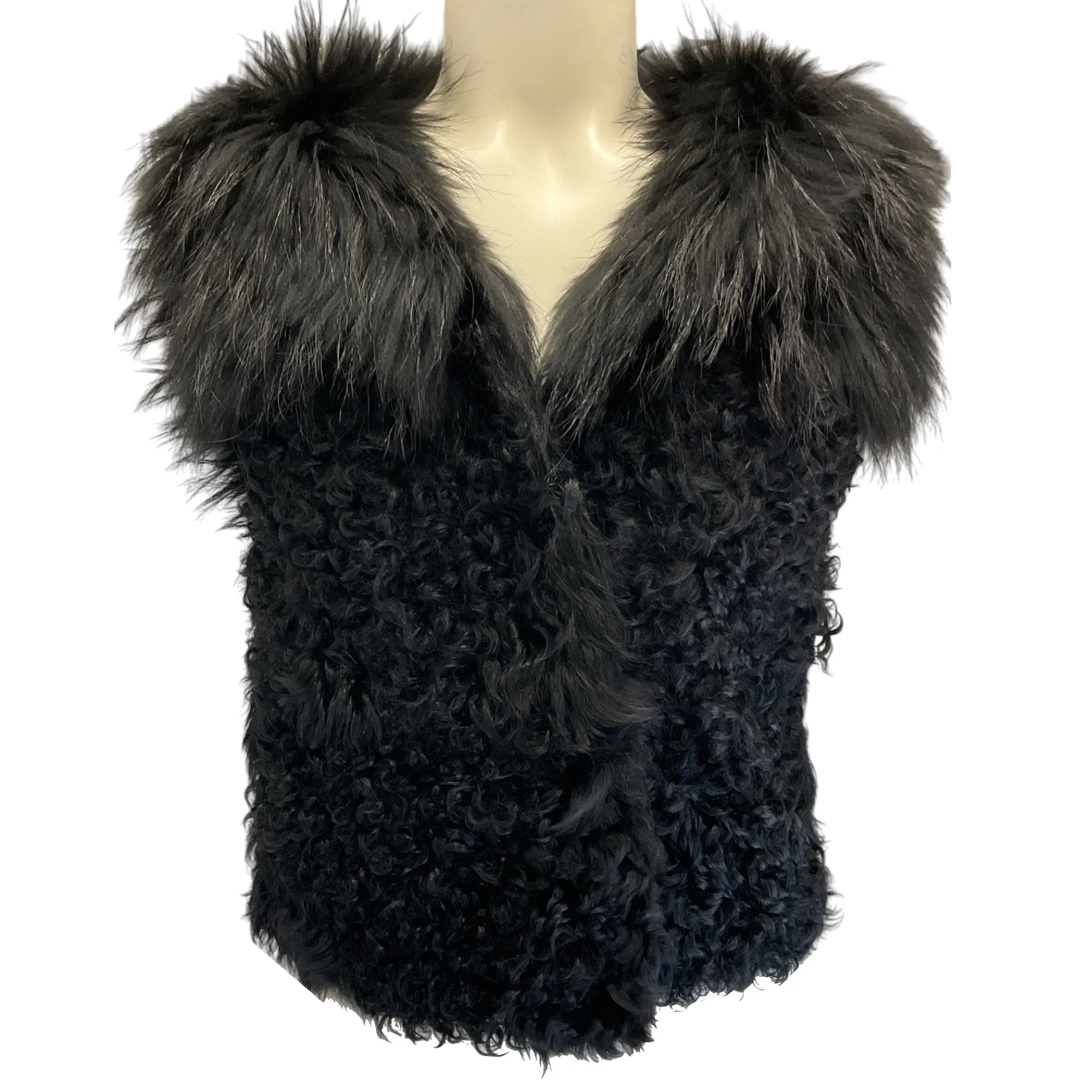 Yves Salomon Black Raccoon Fur and Lamb Fur Vest